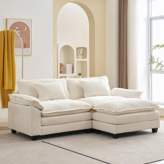 Divano componibile 86 Cloud - Divano a L in ciniglia con pouf e cuscini, seduta profonda (beige bianco)