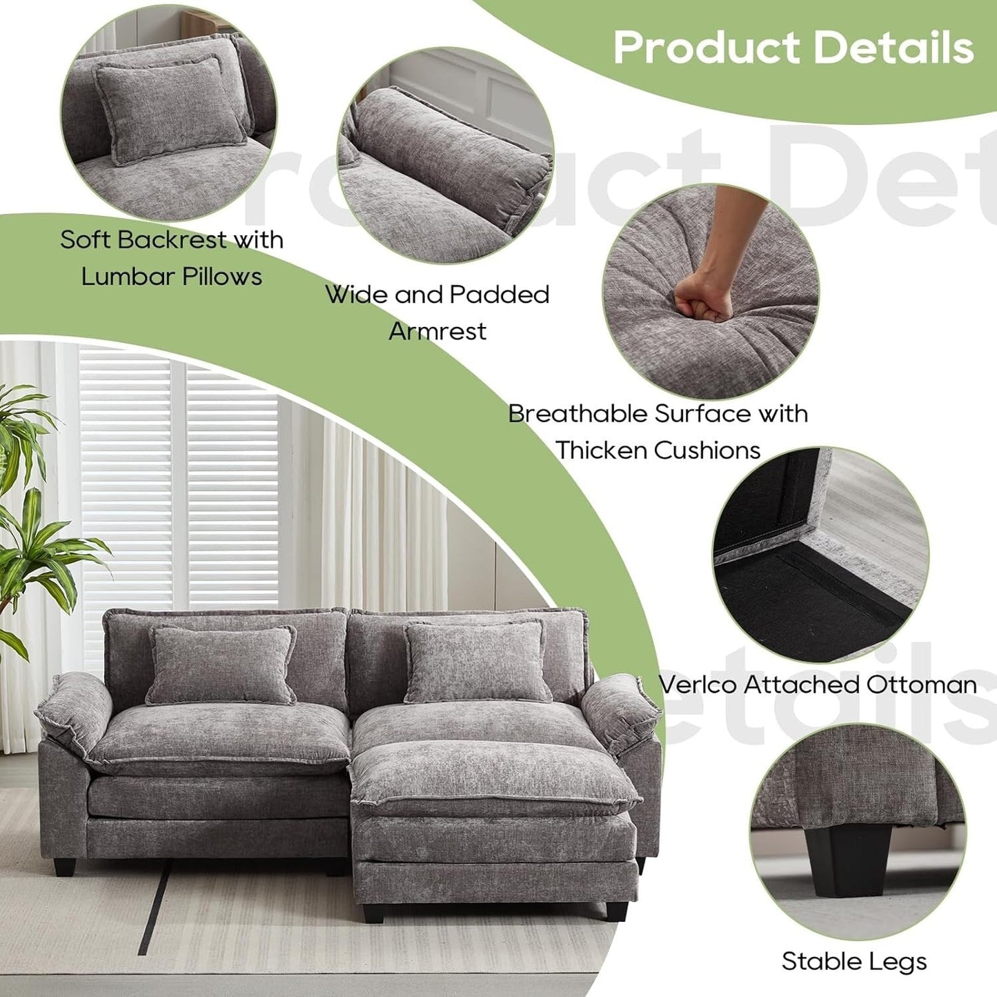 Divano componibile 86 Cloud - Divano a L in ciniglia con pouf e cuscini, seduta profonda (beige bianco)