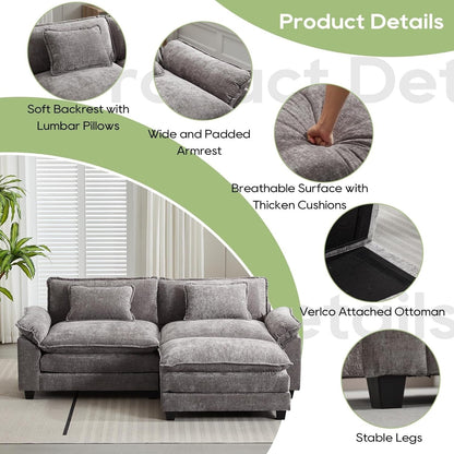 Divano componibile 86 Cloud - Divano a L in ciniglia con pouf e cuscini, seduta profonda (beige bianco)