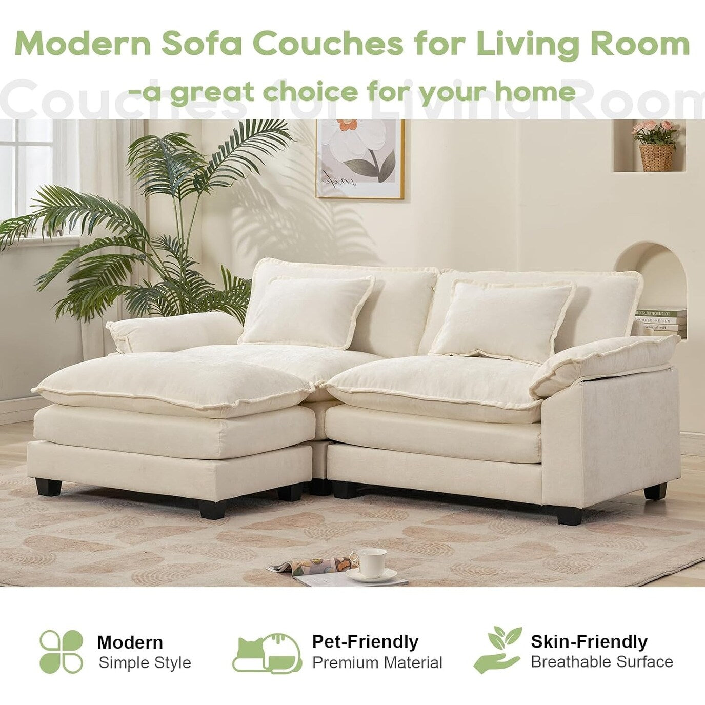 Divano componibile 86 Cloud - Divano a L in ciniglia con pouf e cuscini, seduta profonda (beige bianco)