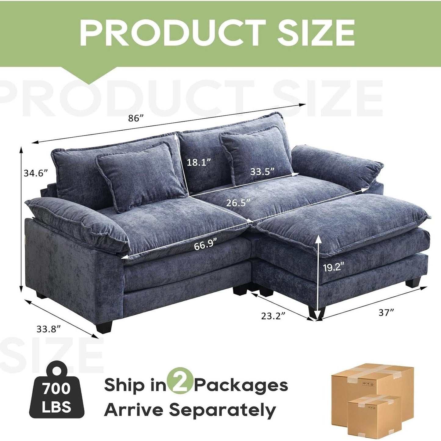 Divano componibile 86 Cloud - Divano a L in ciniglia con pouf e cuscini, seduta profonda (beige bianco)