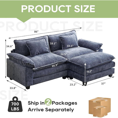 Divano componibile 86 Cloud - Divano a L in ciniglia con pouf e cuscini, seduta profonda (beige bianco)