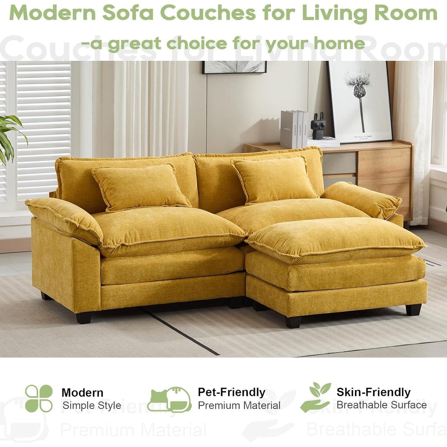 Divano componibile 86 Cloud - Divano a L in ciniglia con pouf e cuscini, seduta profonda (beige bianco)