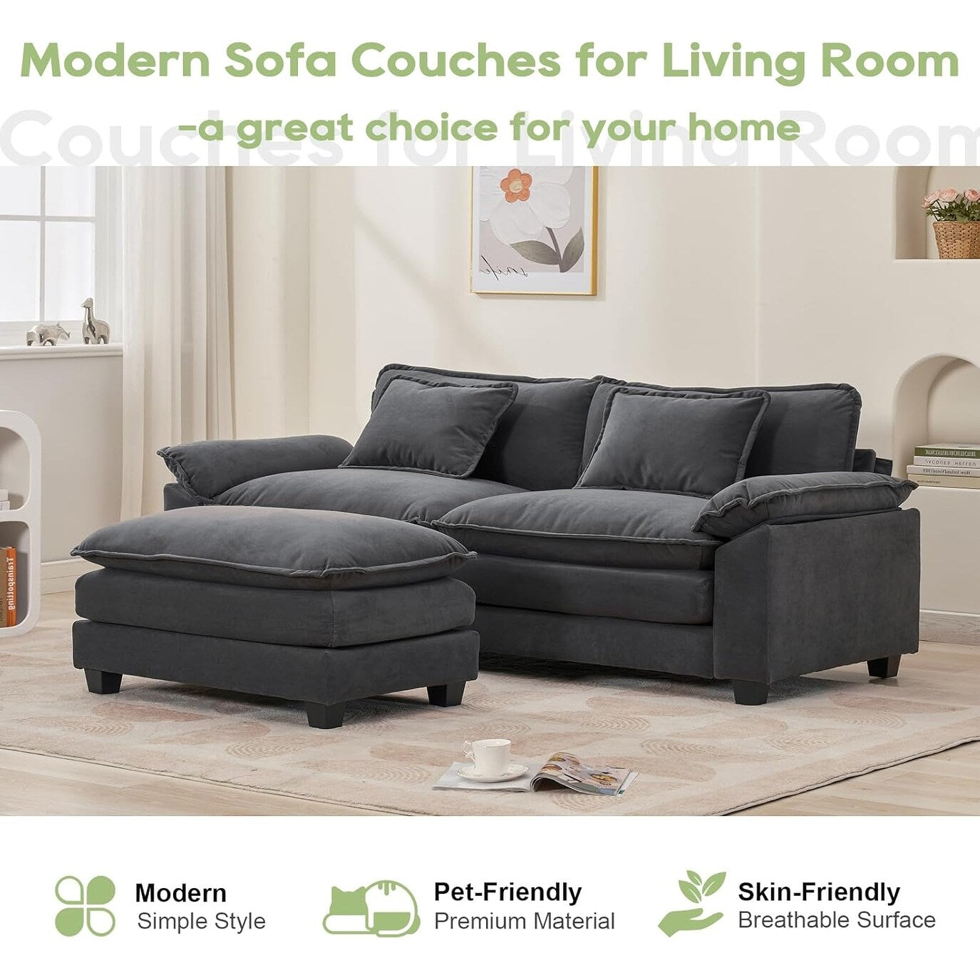 Divano componibile 86 Cloud - Divano a L in ciniglia con pouf e cuscini, seduta profonda (beige bianco)