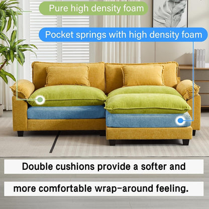 Divano componibile 86 Cloud - Divano a L in ciniglia con pouf e cuscini, seduta profonda (beige bianco)