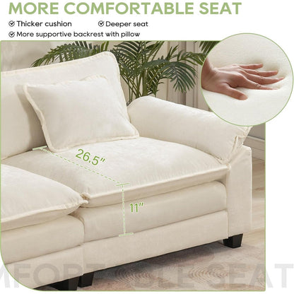 Divano componibile 86 Cloud - Divano a L in ciniglia con pouf e cuscini, seduta profonda (beige bianco)