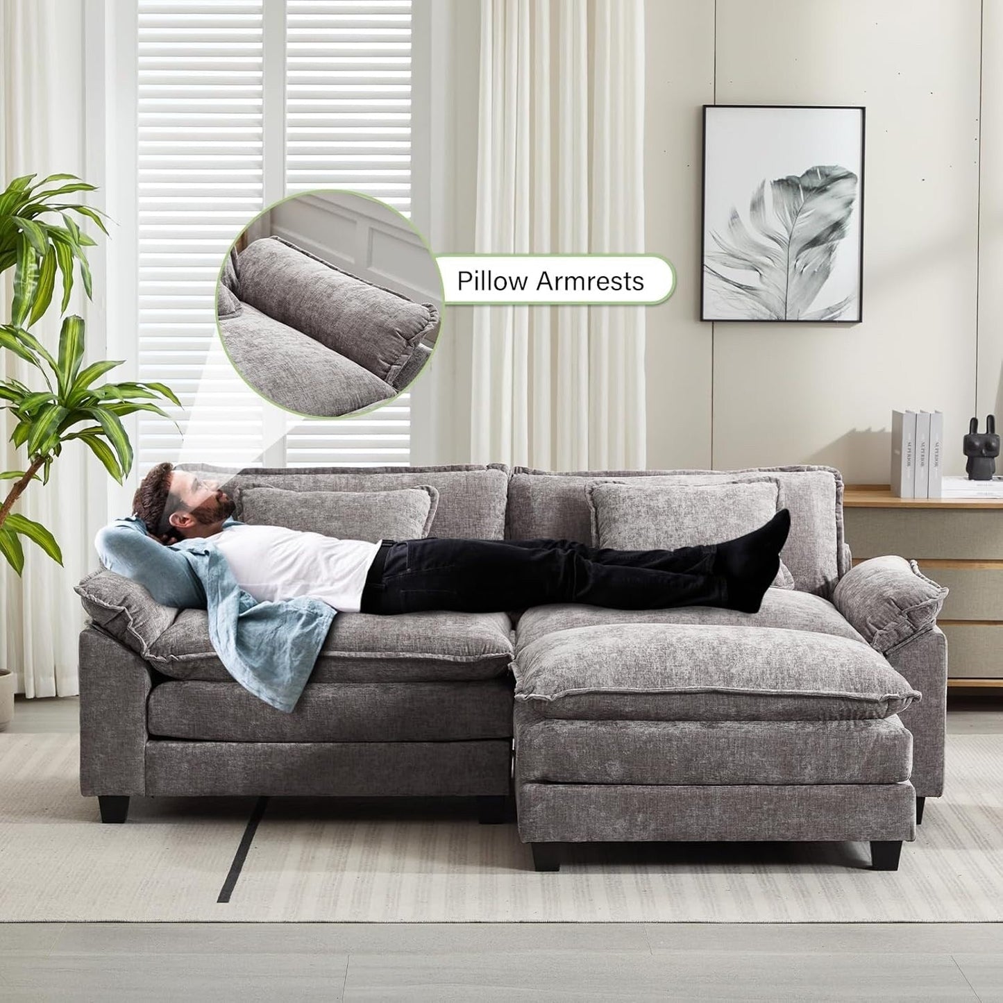 Divano componibile 86 Cloud - Divano a L in ciniglia con pouf e cuscini, seduta profonda (beige bianco)