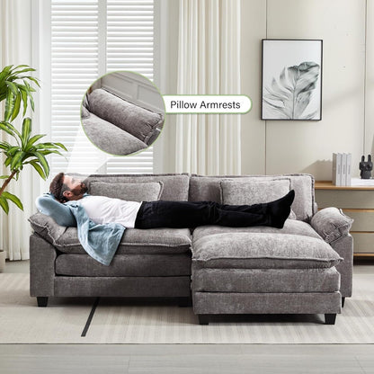 Divano componibile 86 Cloud - Divano a L in ciniglia con pouf e cuscini, seduta profonda (beige bianco)