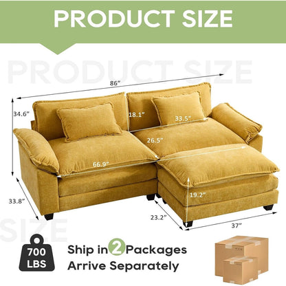 Divano componibile 86 Cloud - Divano a L in ciniglia con pouf e cuscini, seduta profonda (beige bianco)