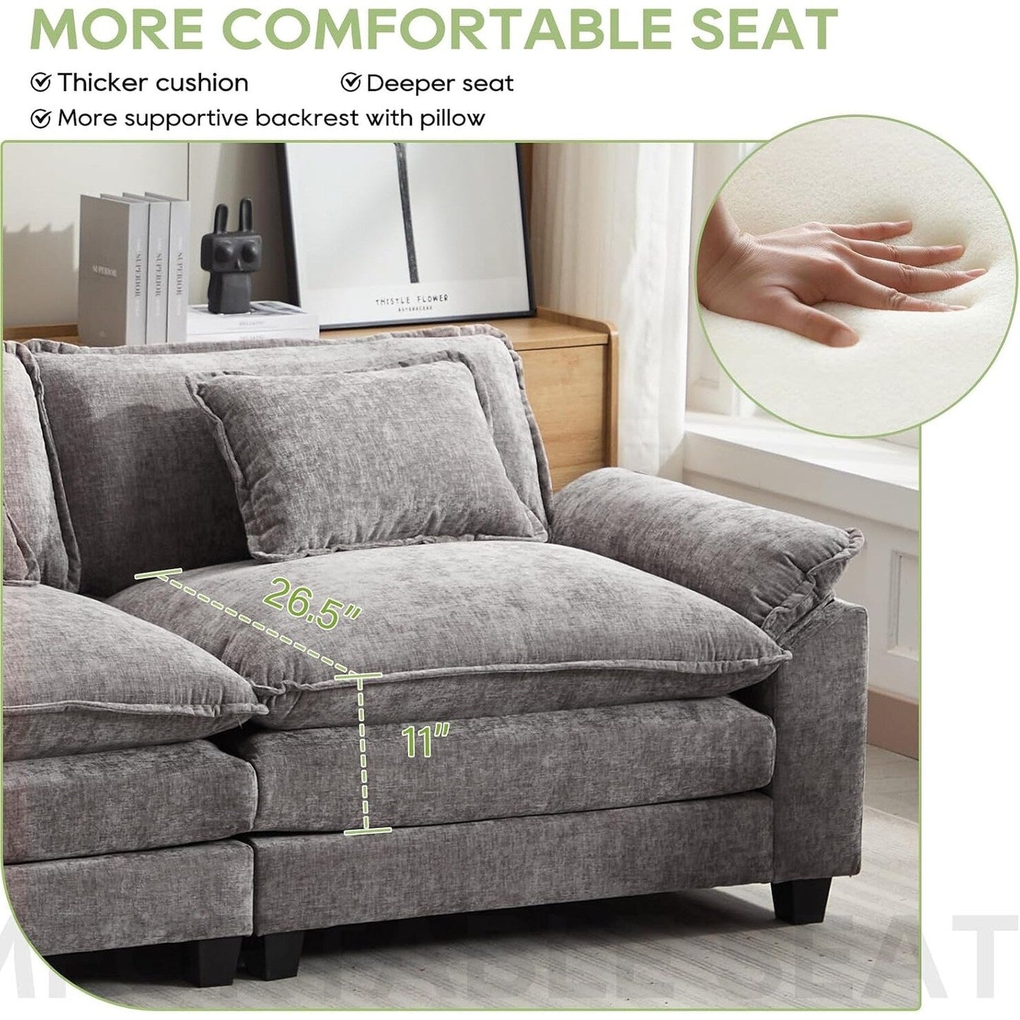 Divano componibile 86 Cloud - Divano a L in ciniglia con pouf e cuscini, seduta profonda (beige bianco)