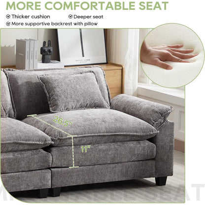 Divano componibile 86 Cloud - Divano a L in ciniglia con pouf e cuscini, seduta profonda (beige bianco)