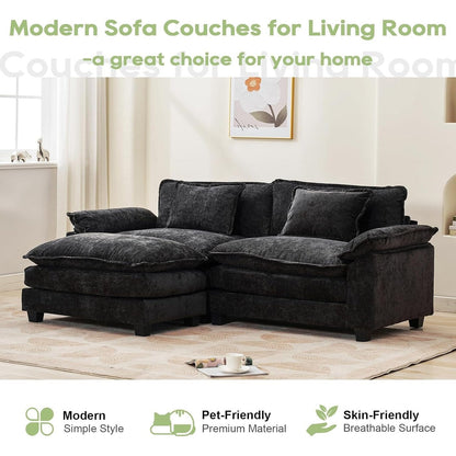 Divano componibile 86 Cloud - Divano a L in ciniglia con pouf e cuscini, seduta profonda (beige bianco)