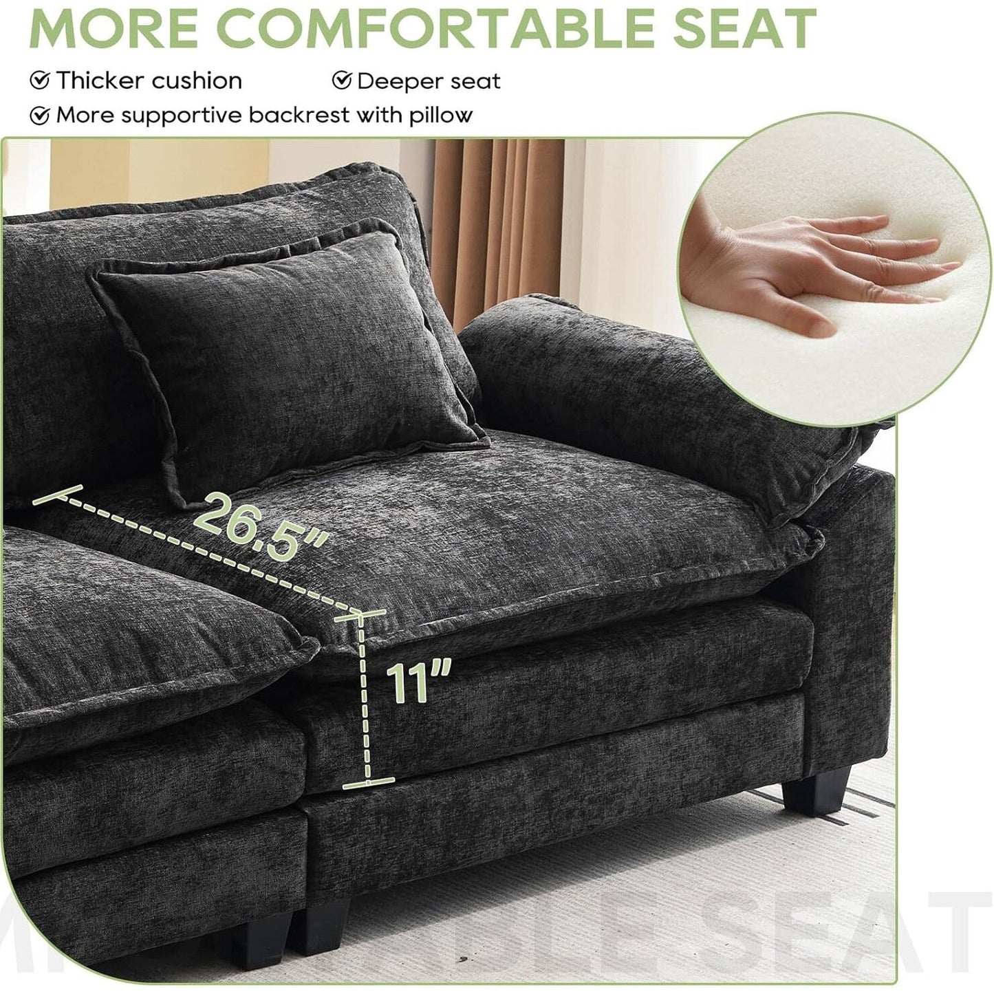 Divano componibile 86 Cloud - Divano a L in ciniglia con pouf e cuscini, seduta profonda (beige bianco)