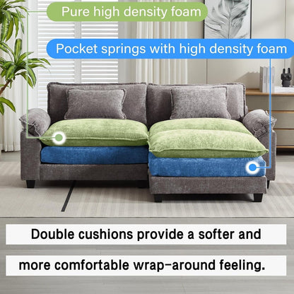 Divano componibile 86 Cloud - Divano a L in ciniglia con pouf e cuscini, seduta profonda (beige bianco)