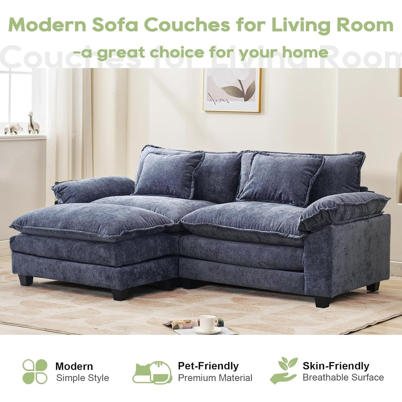 Divano componibile 86 Cloud - Divano a L in ciniglia con pouf e cuscini, seduta profonda (beige bianco)