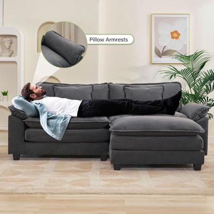 Divano componibile 86 Cloud - Divano a L in ciniglia con pouf e cuscini, seduta profonda (beige bianco)