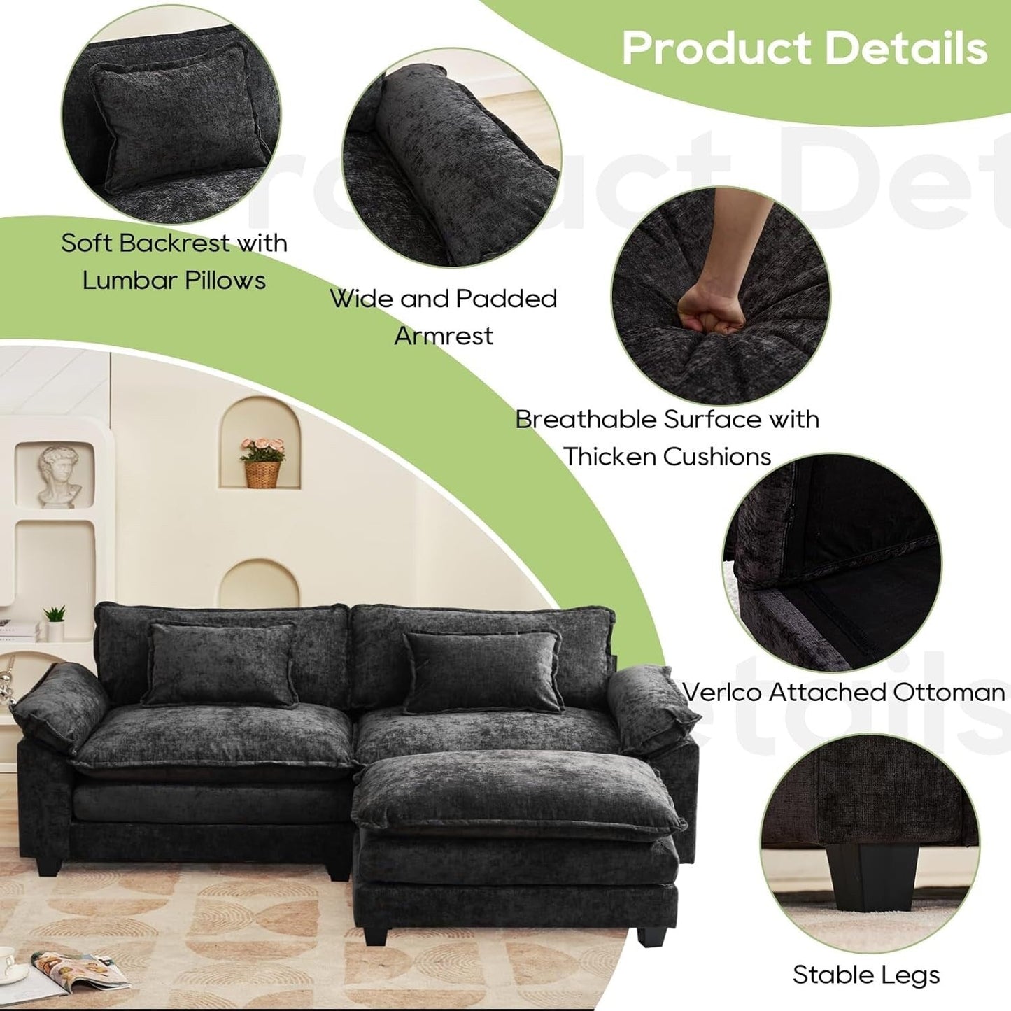 Divano componibile 86 Cloud - Divano a L in ciniglia con pouf e cuscini, seduta profonda (beige bianco)