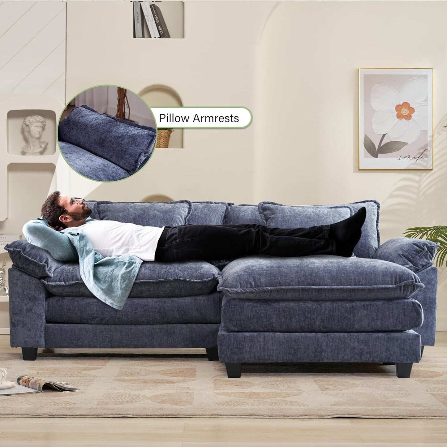 Divano componibile 86 Cloud - Divano a L in ciniglia con pouf e cuscini, seduta profonda (beige bianco)