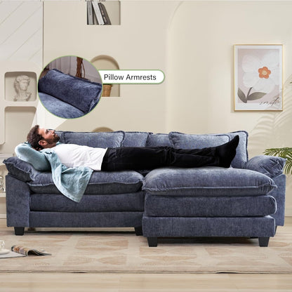 Divano componibile 86 Cloud - Divano a L in ciniglia con pouf e cuscini, seduta profonda (beige bianco)