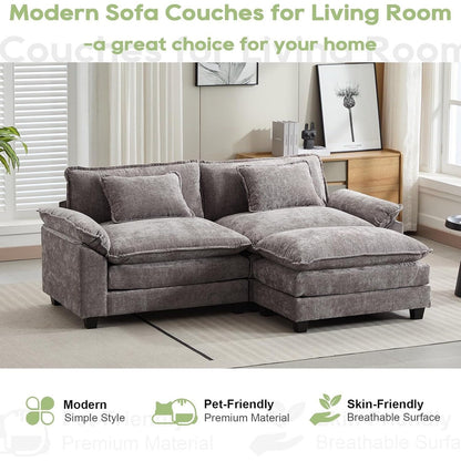 Divano componibile 86 Cloud - Divano a L in ciniglia con pouf e cuscini, seduta profonda (beige bianco)