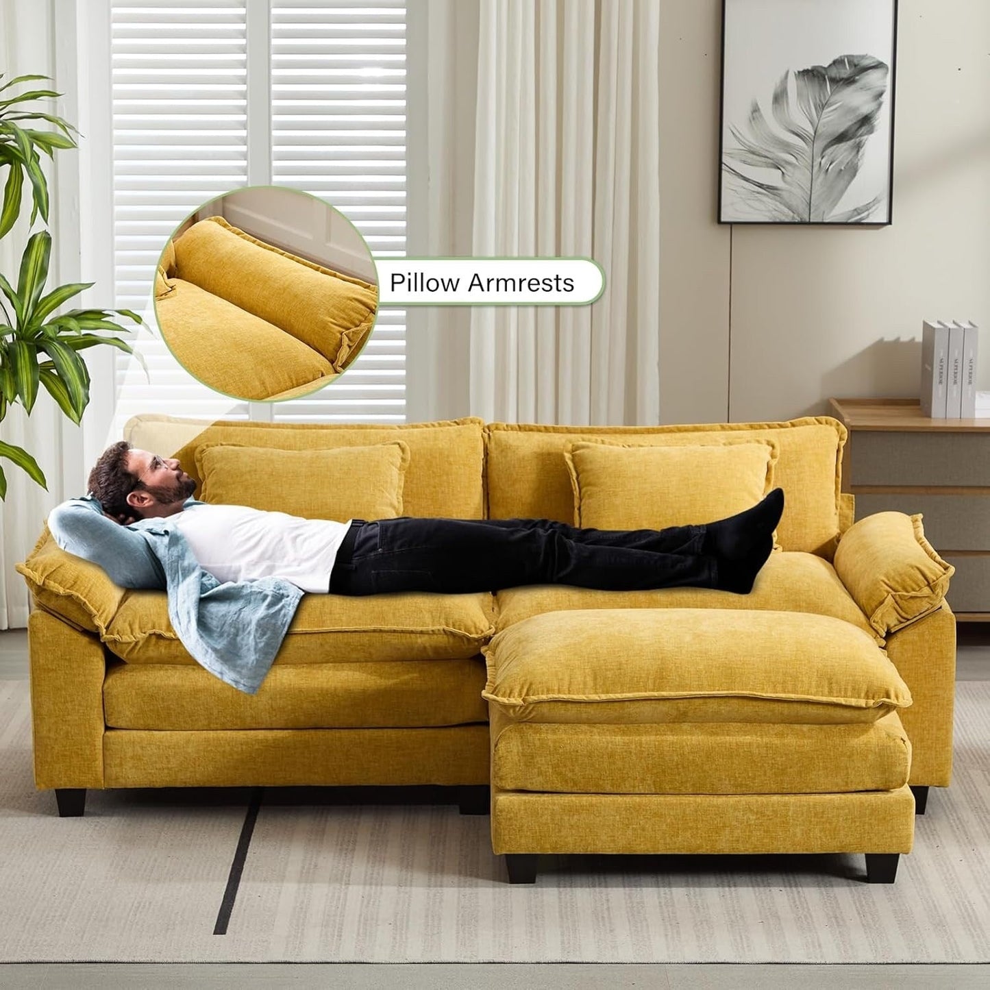 Divano componibile 86 Cloud - Divano a L in ciniglia con pouf e cuscini, seduta profonda (beige bianco)