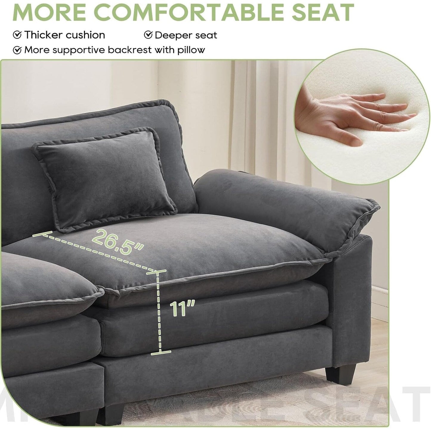 Divano componibile 86 Cloud - Divano a L in ciniglia con pouf e cuscini, seduta profonda (beige bianco)