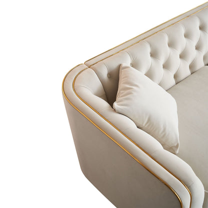 Divano moderno classico a 3 posti in velluto a coste 87.01 con struttura in legno di pino massello, include 2 cuscini decorativi