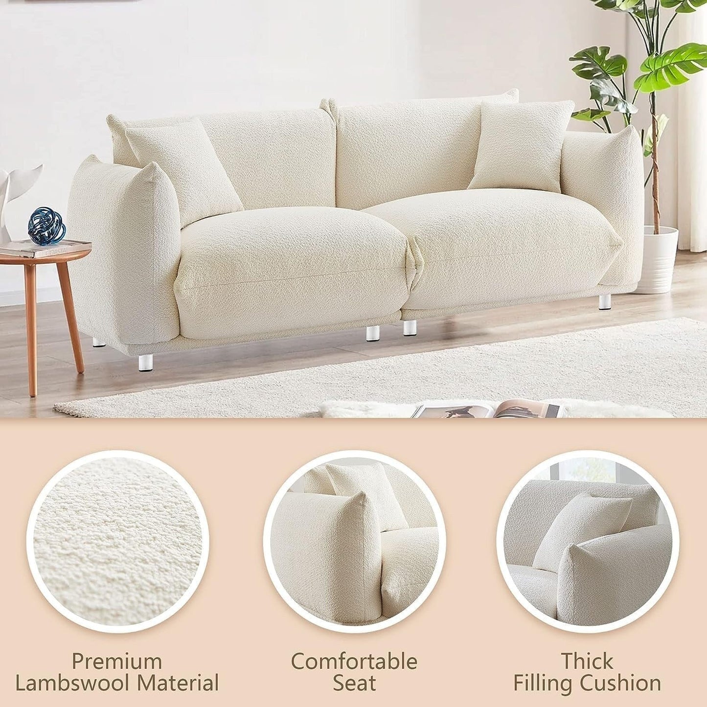 Divano a due posti oversize da 87'' con gambe in metallo, struttura in legno massello e 2 cuscini