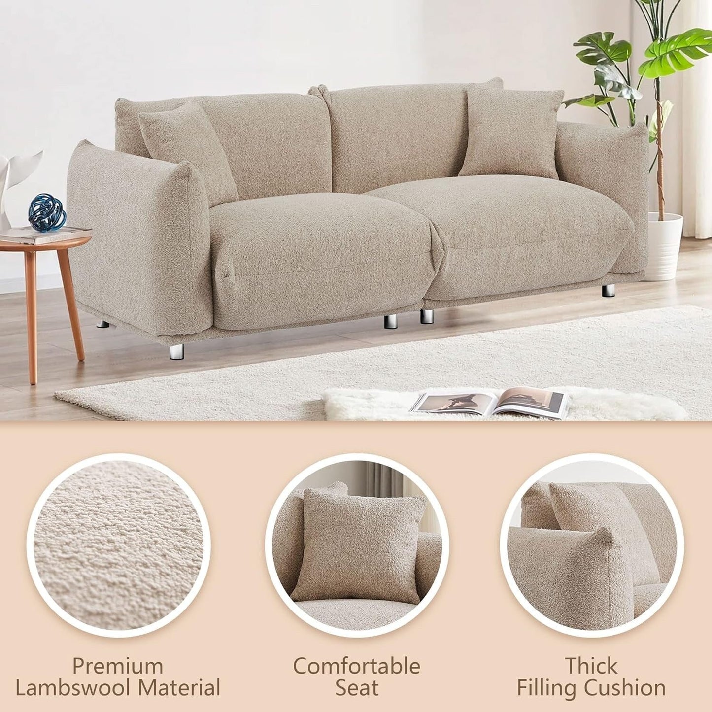 Divano a due posti oversize da 87'' con gambe in metallo, struttura in legno massello e 2 cuscini