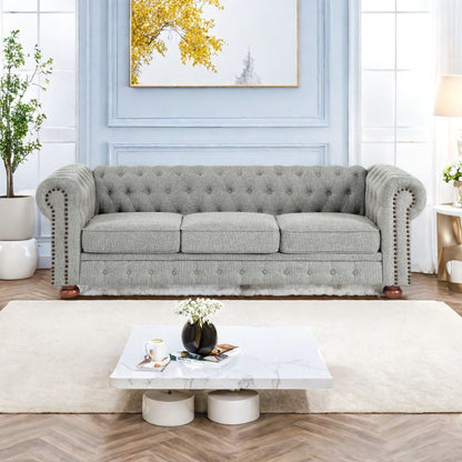 Divano a 3 posti in lino 88,5 con dettagli a borchie, struttura in legno massello per soggiorno