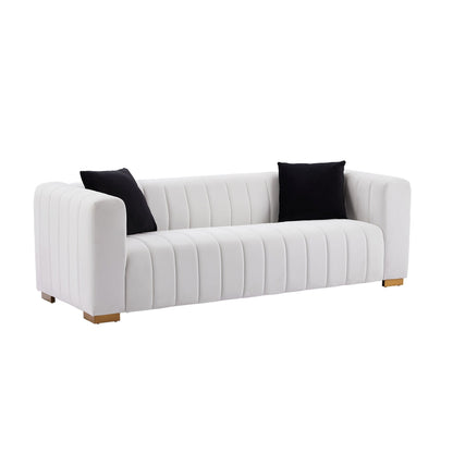 Divano 88 in velluto a 3 posti con corrimano rotondi e gambe in metallo dorato