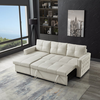 Divano letto trasformabile da 88'' a 3 posti con chaise longue contenitore, letto estraibile, finiture con borchie