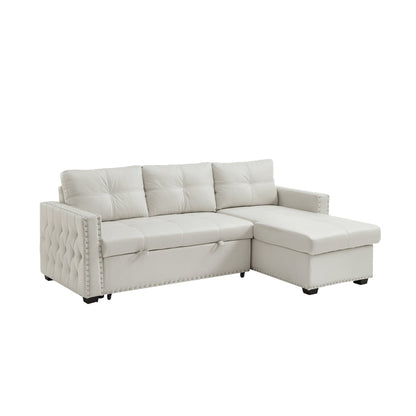 Divano letto trasformabile da 88'' a 3 posti con chaise longue contenitore, letto estraibile, finiture con borchie