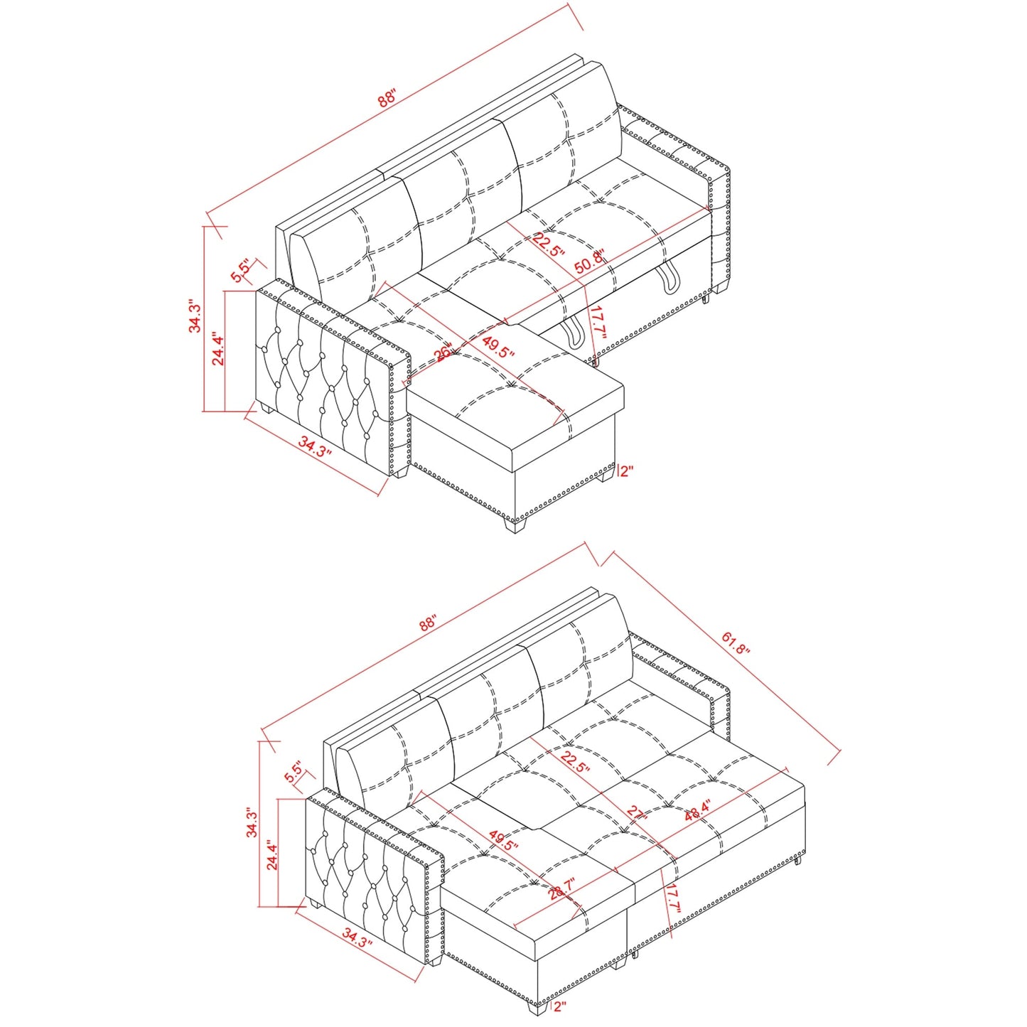 Divano letto trasformabile in microfibra da 88'' a 3 posti con chaise longue contenitore e funzione letto estraibile
