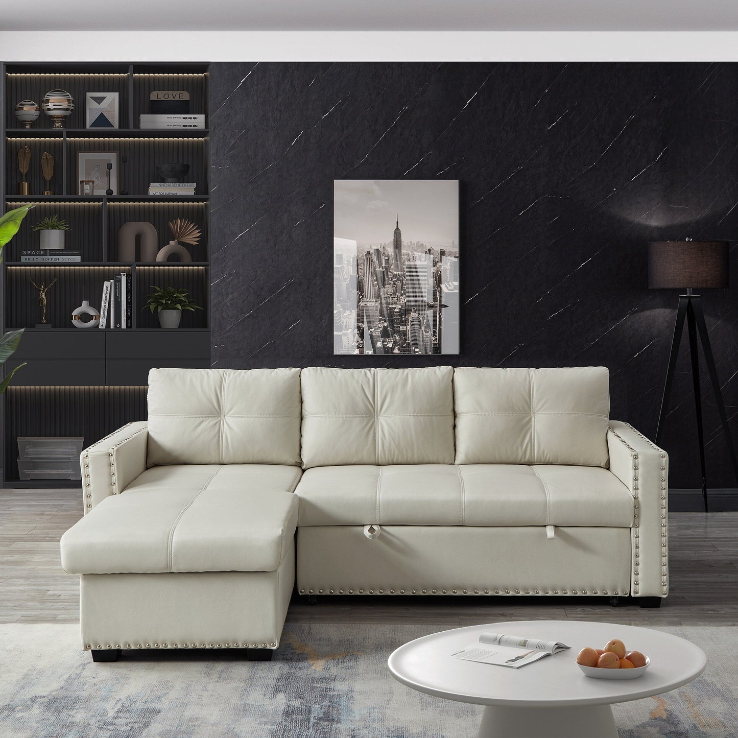 Divano letto trasformabile in microfibra da 88'' a 3 posti con chaise longue contenitore e funzione letto estraibile