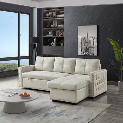 Divano trasformabile in microfibra da 88'' con letto estraibile e chaise longue contenitore