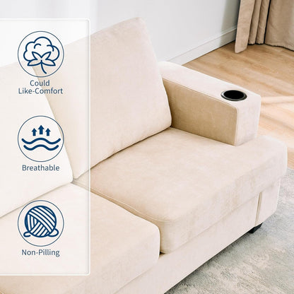 Divano a 3 posti 89, divano con seduta profonda, divani moderni e comodi per il soggiorno con portabicchieri