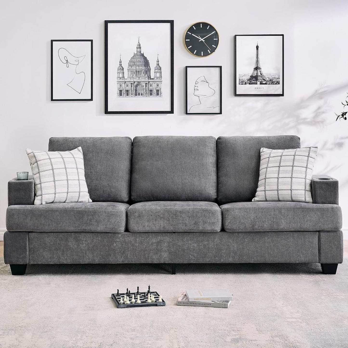 Divano a 3 posti 89, divano con seduta profonda, divani moderni e comodi per il soggiorno con portabicchieri