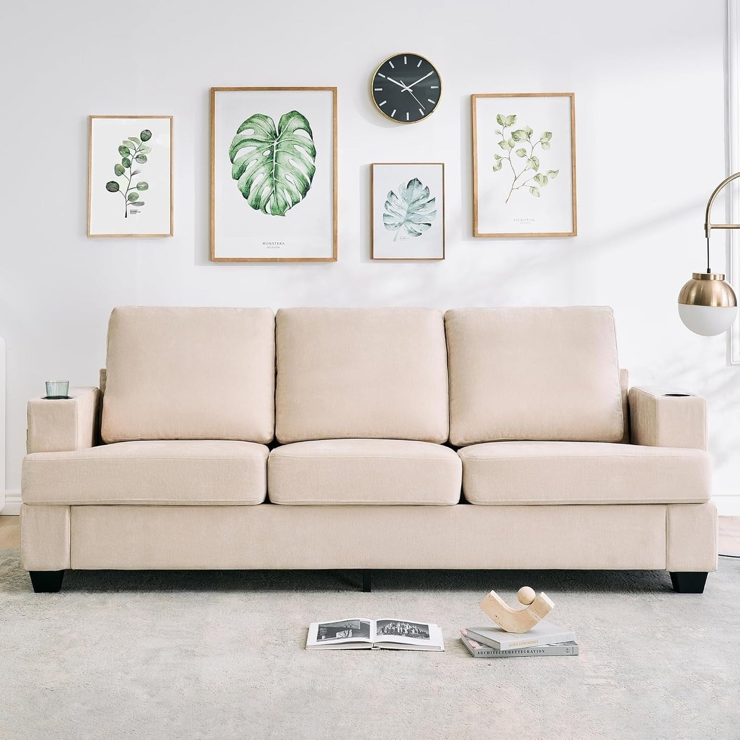 Divano a 3 posti 89, divano con seduta profonda, divani moderni e comodi per il soggiorno con portabicchieri