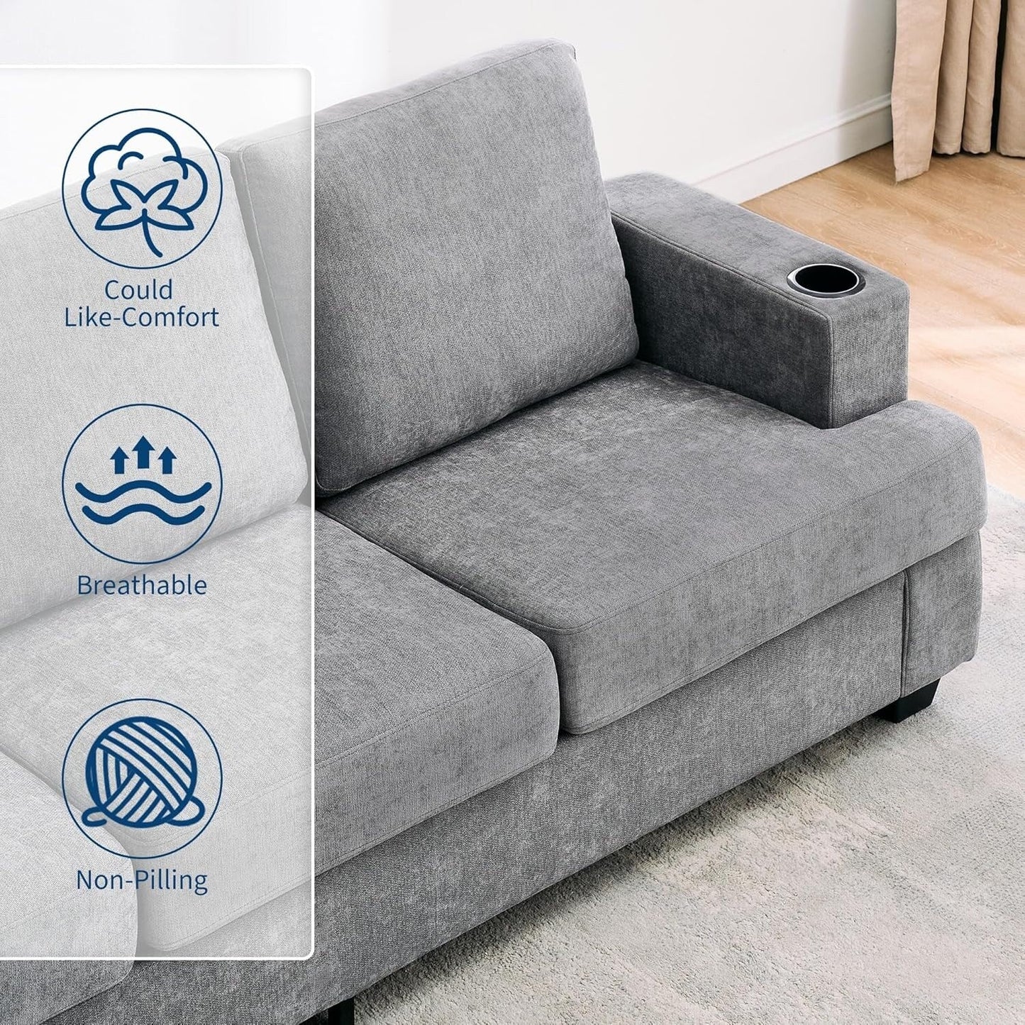 Divano a 3 posti 89, divano con seduta profonda, divani moderni e comodi per il soggiorno con portabicchieri