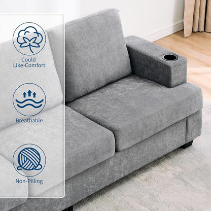 Divano a 3 posti 89, divano con seduta profonda, divani moderni e comodi per il soggiorno con portabicchieri