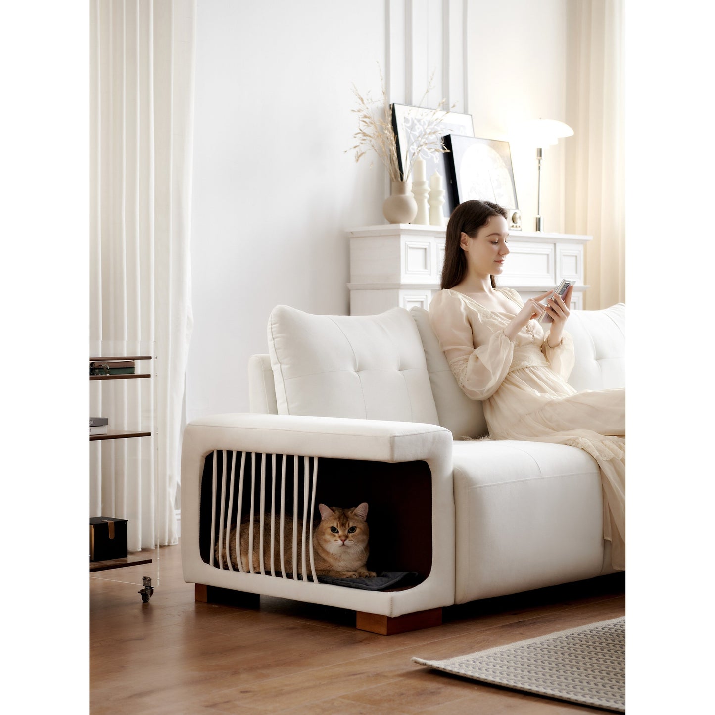 Divano a 3 posti rivestito in velluto 89 con nido per gatti, tessuto impermeabile e antigraffio