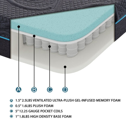 Materasso ibrido in memory foam con infusione di gel per letto matrimoniale, 8 posti, grigio scuro, materasso in una scatola, materasso dal comfort rigido