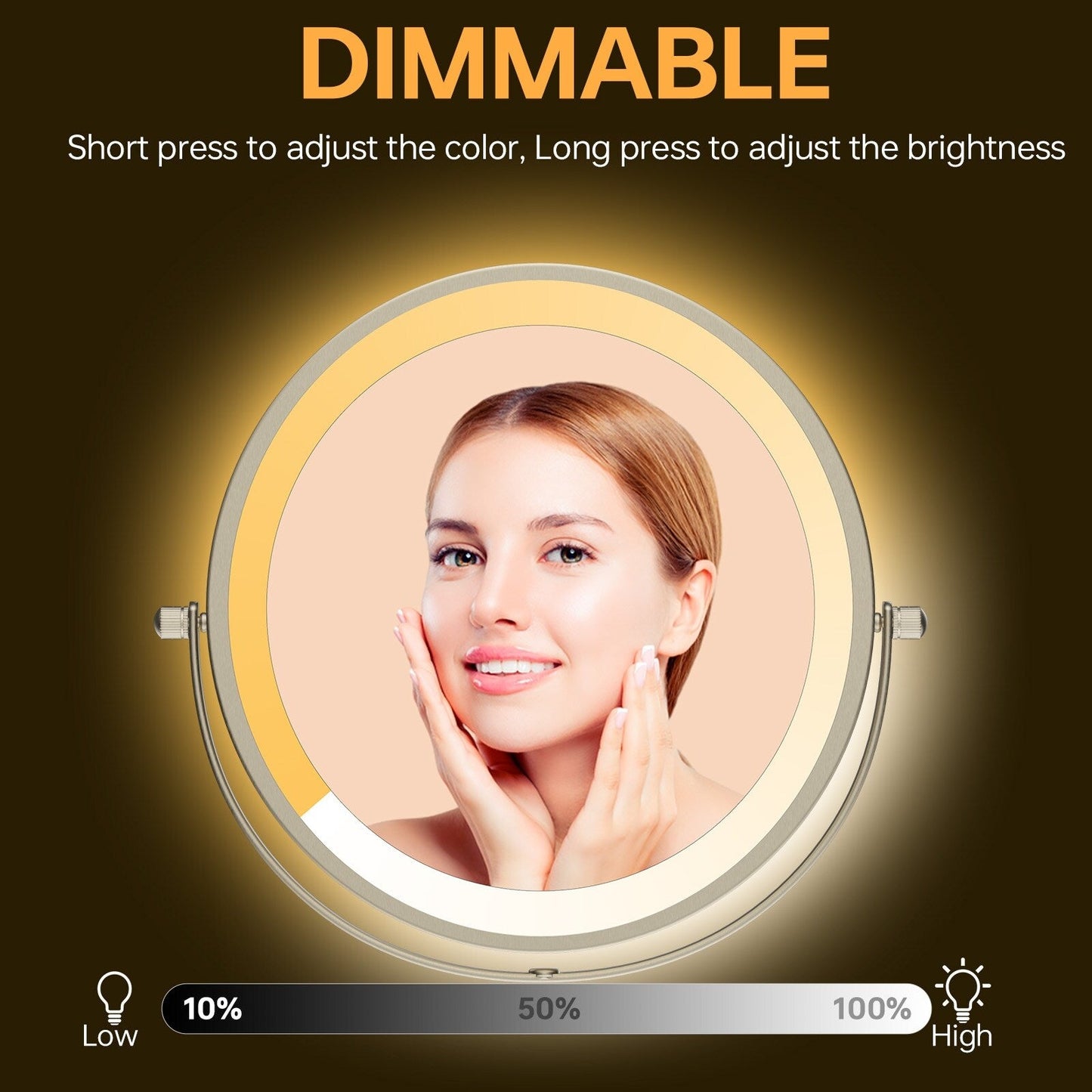 Specchio da trucco rotondo da parete per bagno, ricaricabile, ingrandimento 1x/10x, 3 luci colorate