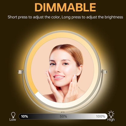 Specchio da trucco rotondo da parete per bagno, ricaricabile, ingrandimento 1x/10x, 3 luci colorate