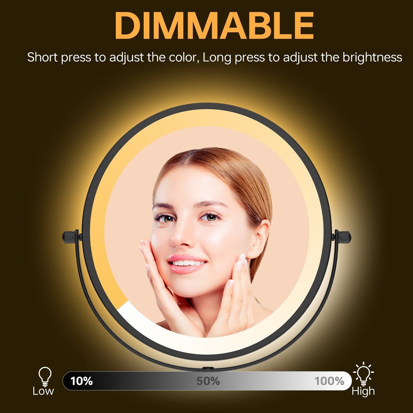 Specchio da trucco rotondo da parete per bagno, ricaricabile, ingrandimento 1x/10x, 3 luci colorate