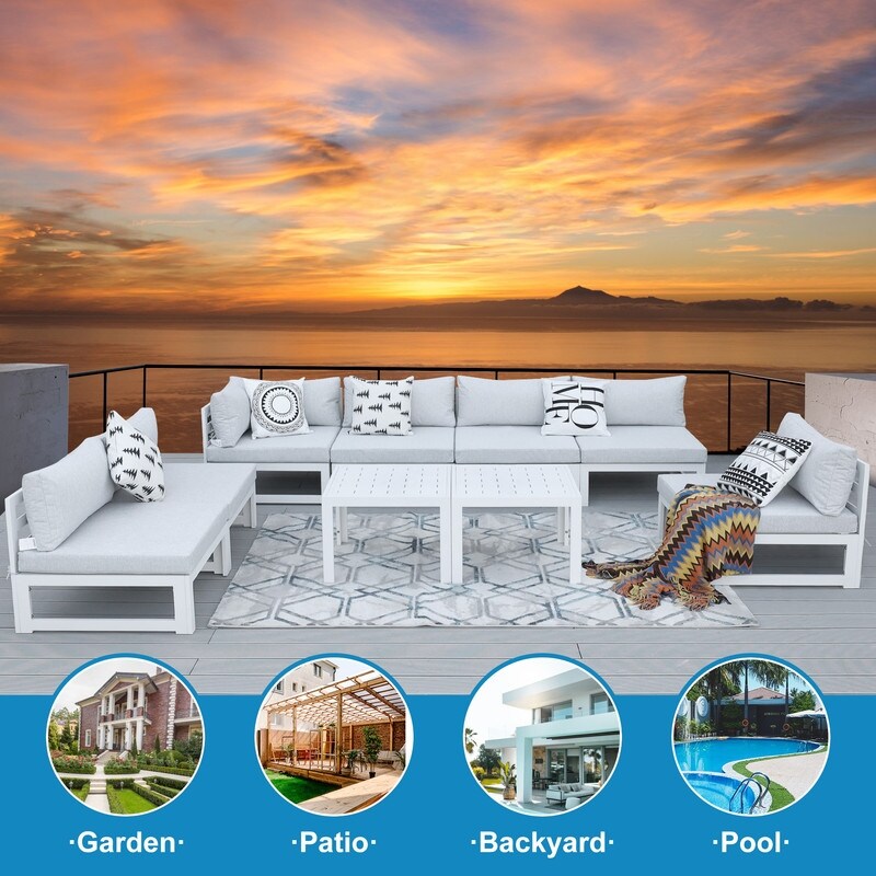 FINCATI 9 pezzi set di divani componibili in alluminio per esterni con tavolo