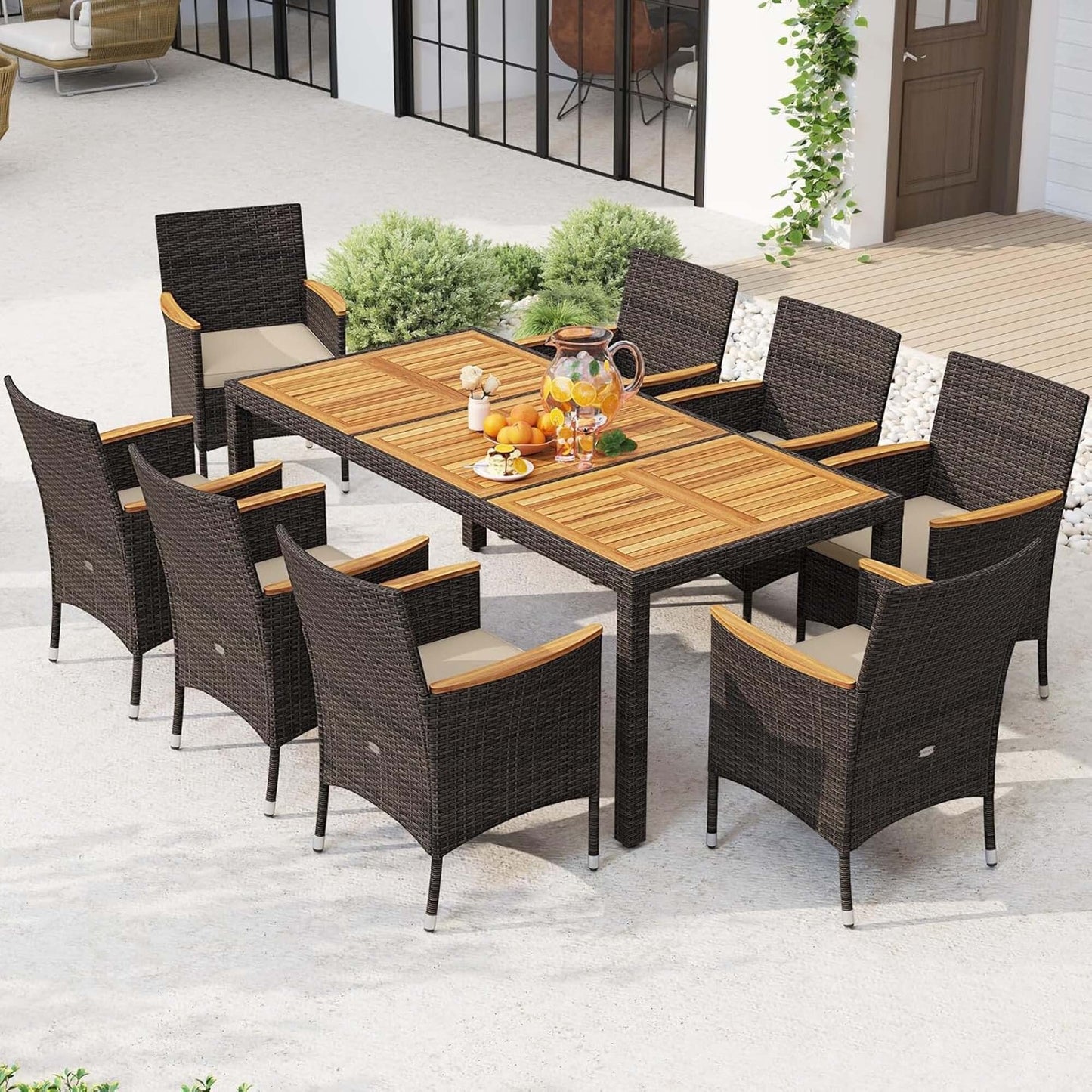 Set da pranzo da esterno in vimini PE da 9 pezzi, tavolo e sedie in legno di acacia