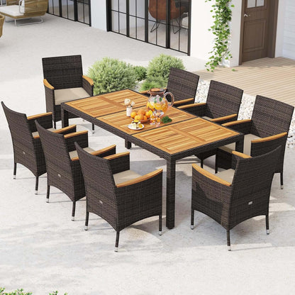 Set da pranzo da esterno in vimini PE da 9 pezzi, tavolo e sedie in legno di acacia