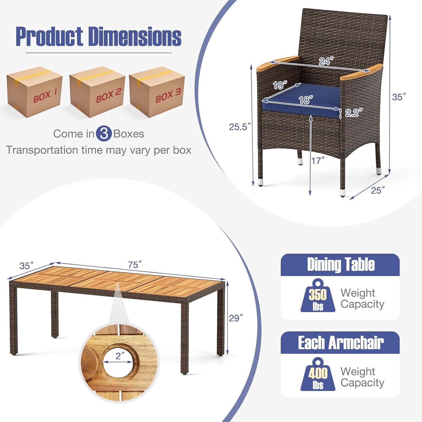 Set da pranzo da esterno in vimini PE da 9 pezzi, tavolo e sedie in legno di acacia